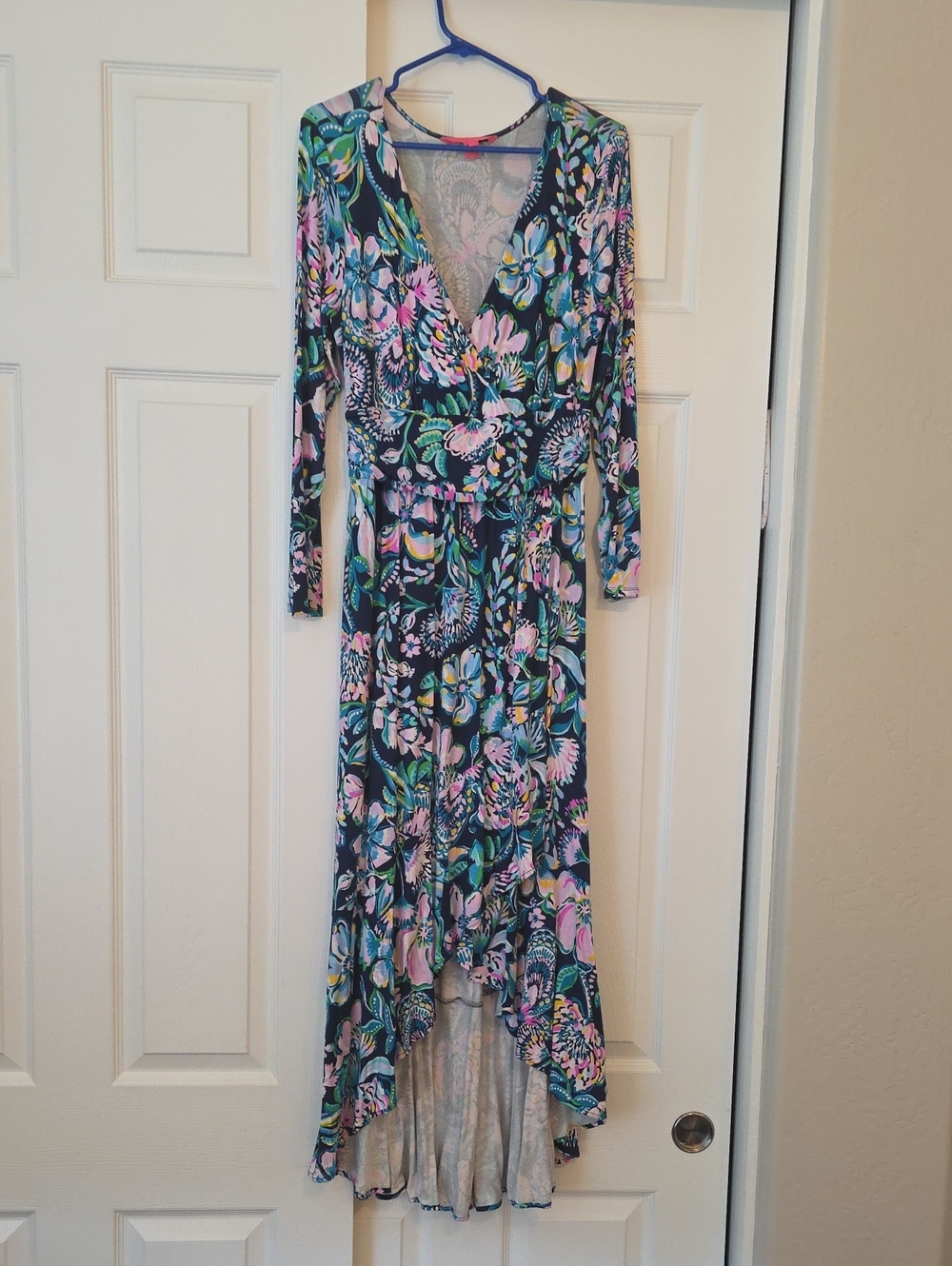 Lilly Pulitzer Navy Floral Wrap High-Low Maxi Dress with Pink Accents